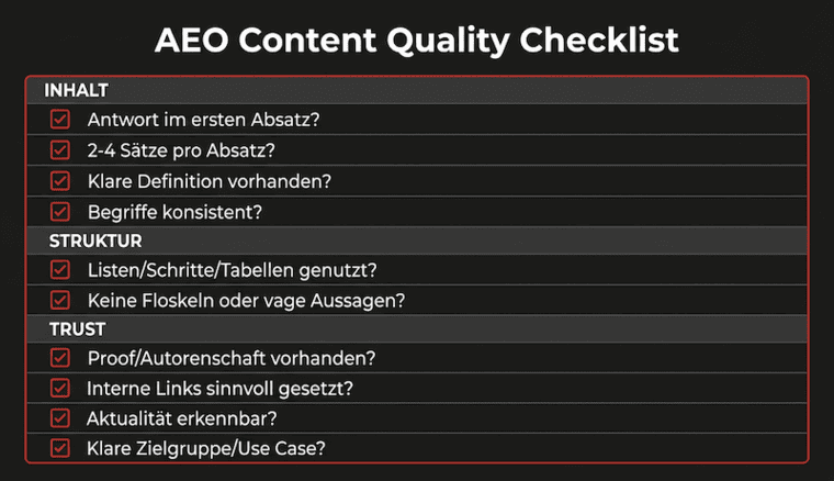 Grafik, die eine Checkliste für Answer Engine Optimized Content zeigt