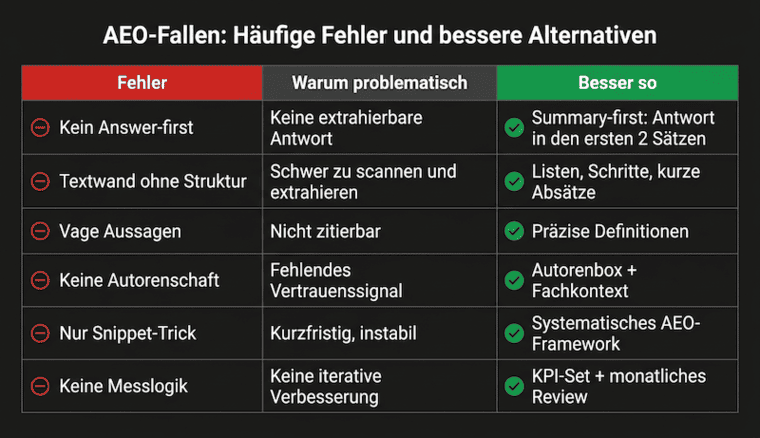 Grafik, die häufige Fehler in AEO zeigt, erklärt warum diese problematisch sind und wie man es besser macht