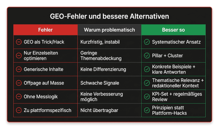 Auflistung häufiger GEO-Fehler, warum diese problematisch sind und wie man es besser löst